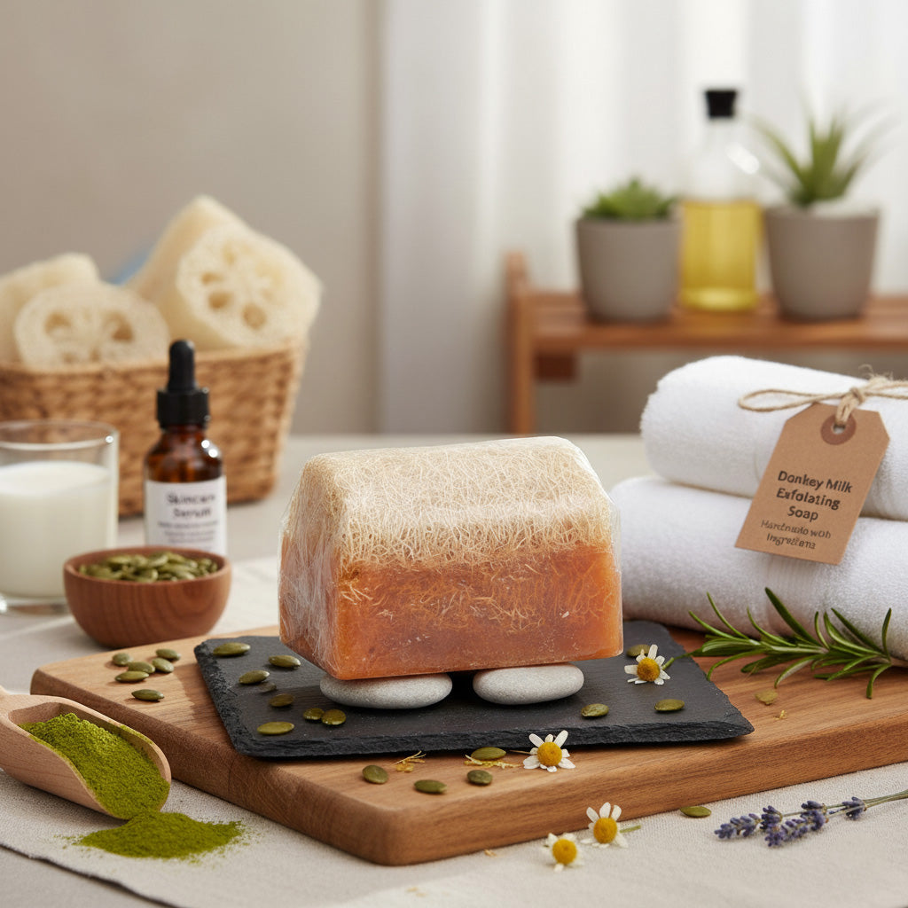 Eselsmilchseife mit Kürbisfasern – handgemachte Naturseife mit sanftem Peeling – Produktfoto