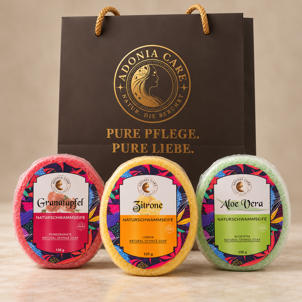 Naturschwammseifen Geschenkset Granatapfel Zitrone Aloe Vera von Adonia Care