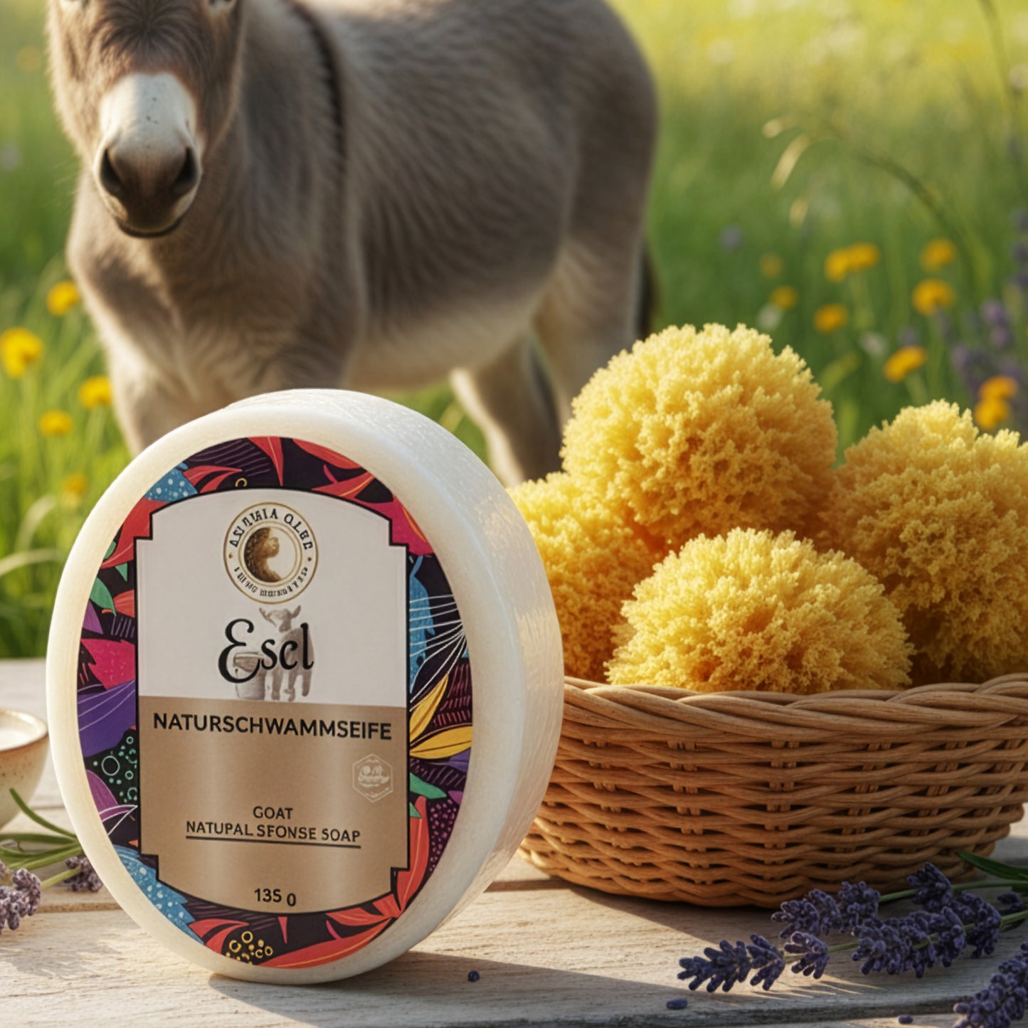 Eselseife mit integriertem Luffa-Schwamm reinigt sanft, spendet Feuchtigkeit – Produktfoto